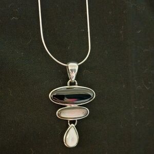 925 Vintage 3 Tier Black Onyx Mother Of Pearl Chunky Pendant Snake Chain 18"